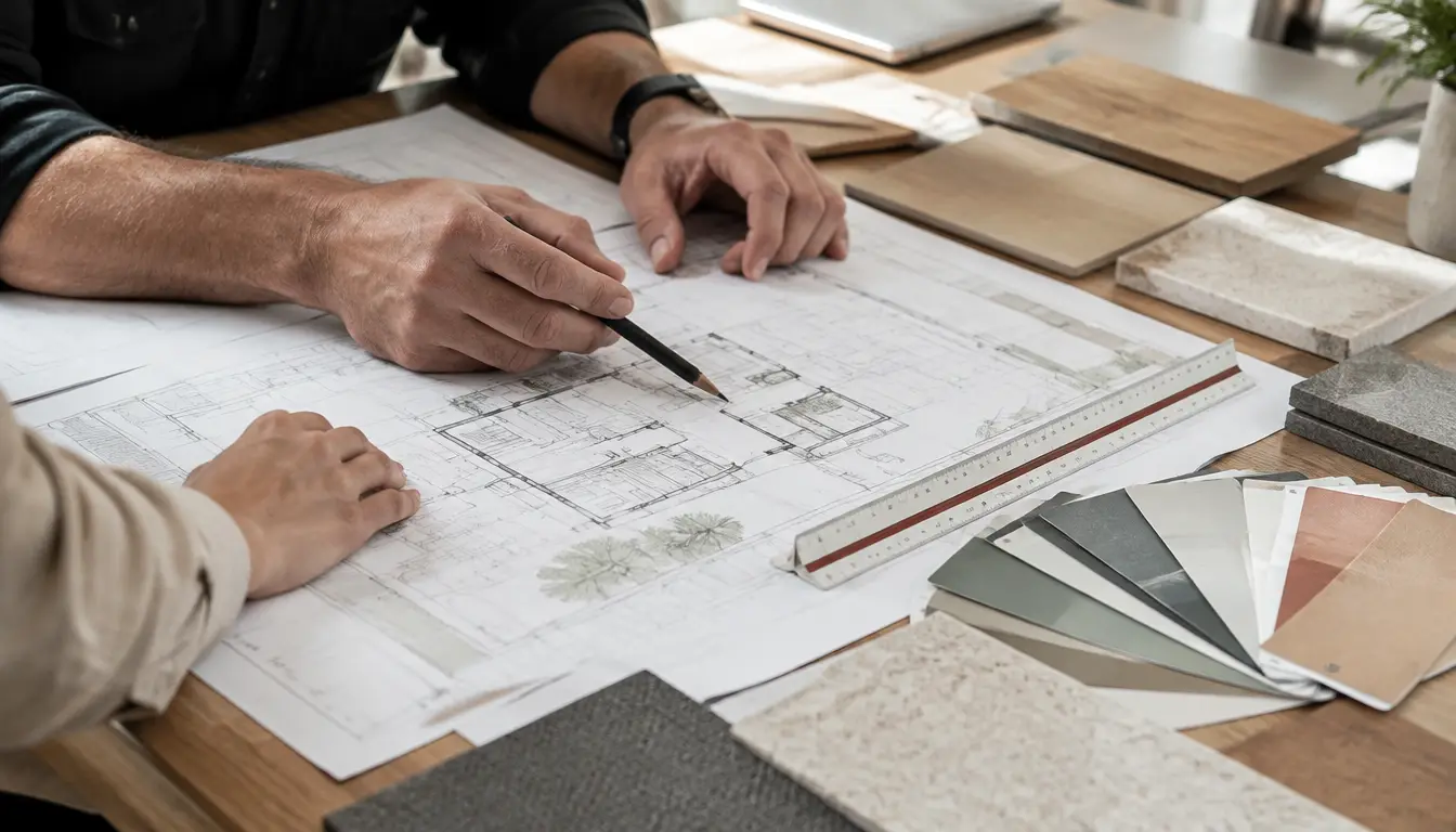Hands reviewing architectural floor plans with material samples