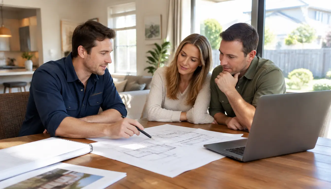 A builder discussing house plans with a couple at their dining table